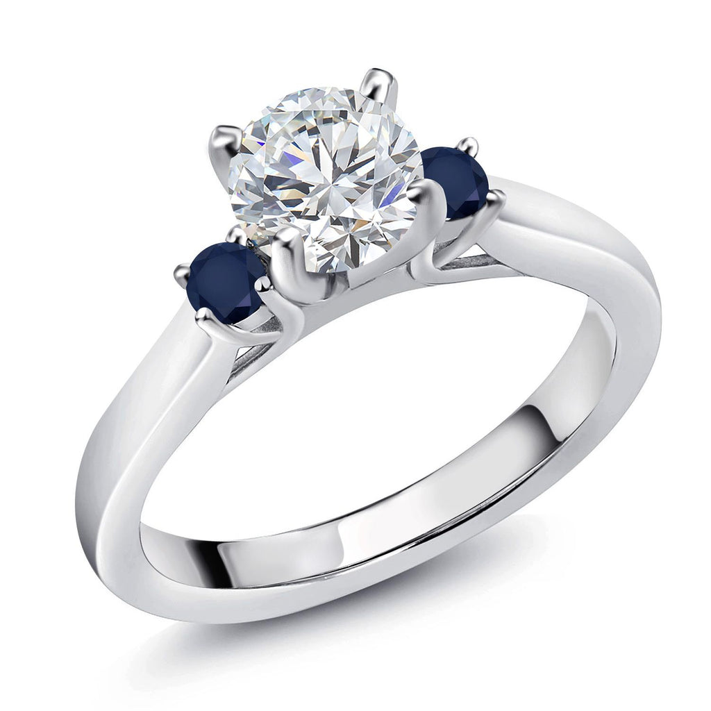 Gem Stone King 0.86 Cttw Lab Grown Diamond and Blue Sapphire Engagement Ring For Women | 925 Silver | Round 6MM | Gemstone Birthstone | Three Stone Wedding Engagement Anniversary Ring