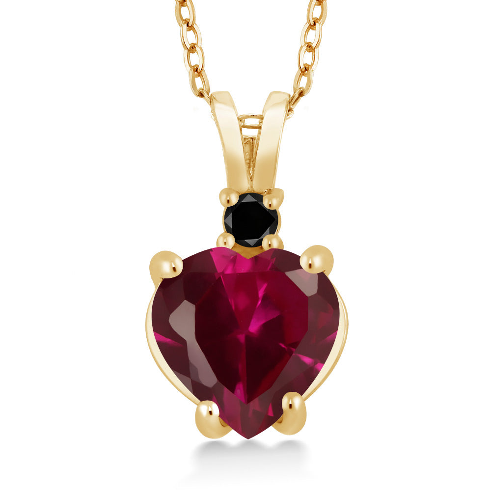 14K Yellow Gold Red Created Ruby and Black Diamond Pendant Necklace For Women (2.25 Cttw, Heart Shape 8MM, with 18 Inch Chain)