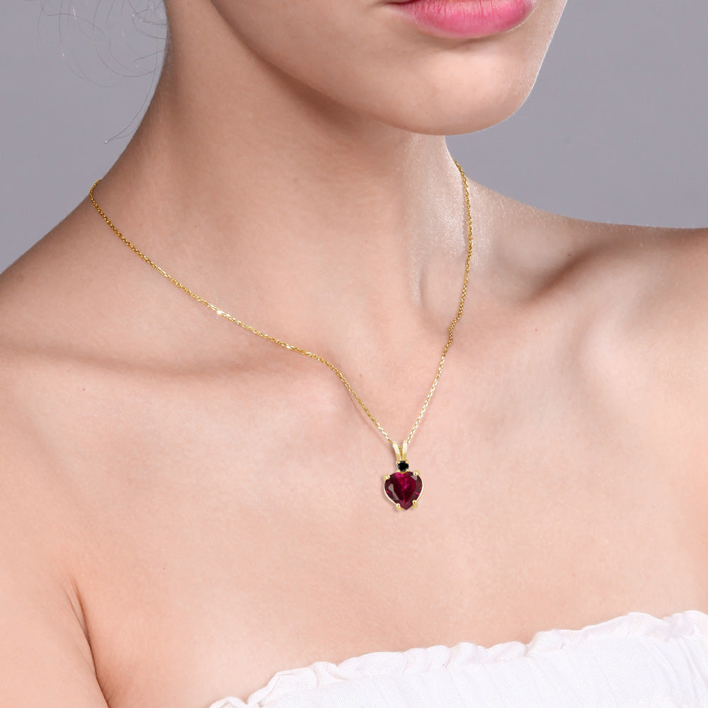 14K Yellow Gold Red Created Ruby and Black Diamond Pendant Necklace For Women (2.25 Cttw, Heart Shape 8MM, with 18 Inch Chain)