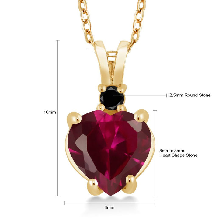 14K Yellow Gold Red Created Ruby and Black Diamond Pendant Necklace For Women (2.25 Cttw, Heart Shape 8MM, with 18 Inch Chain)