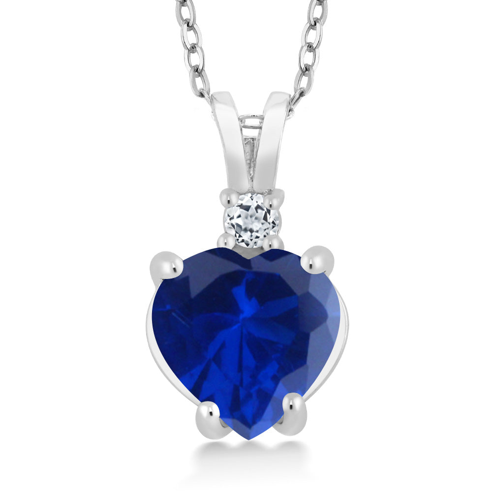 14K White Gold Blue Created Sapphire and White Topaz Heart Shape Pendant Necklace For Women (2.38 Cttw, with 18 Inch Chain)