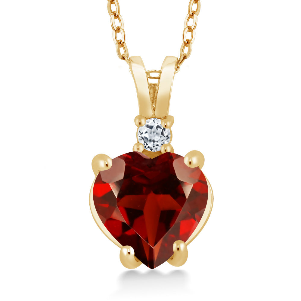 14K Yellow Gold Red Garnet and White Topaz Pendant Necklace For Women (2.08 Cttw, Gemstone Birthstone, Heart Shape 8MM, With 18 Inch Chain)