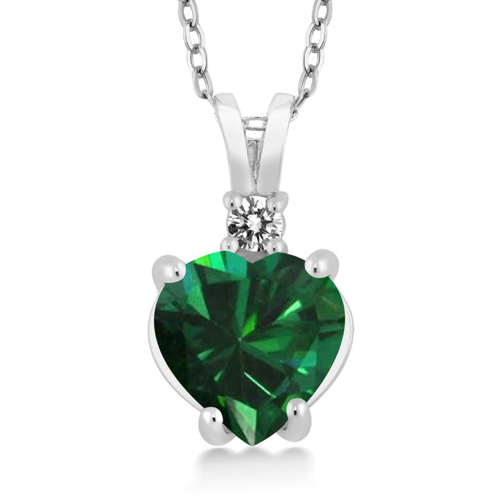 14K White Gold Heart Pendant with 1.5 Ct Green Simulated Emerald White Diamond