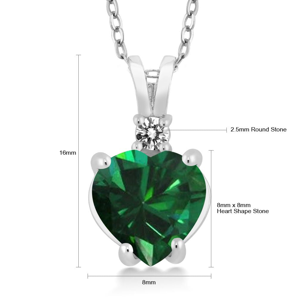 14K White Gold Heart Pendant with 1.5 Ct Green Simulated Emerald White Diamond