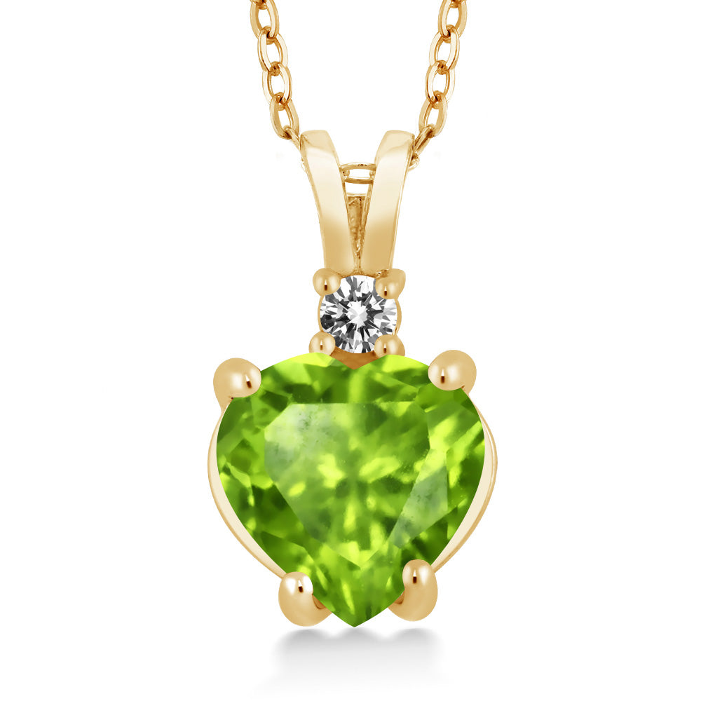 14K Yellow Gold Green Peridot and White Diamond Pendant Necklace For Women (1.57 Cttw, Gemstone Birthstone, Heart Shape 8MM, with 18 Inch Chain)