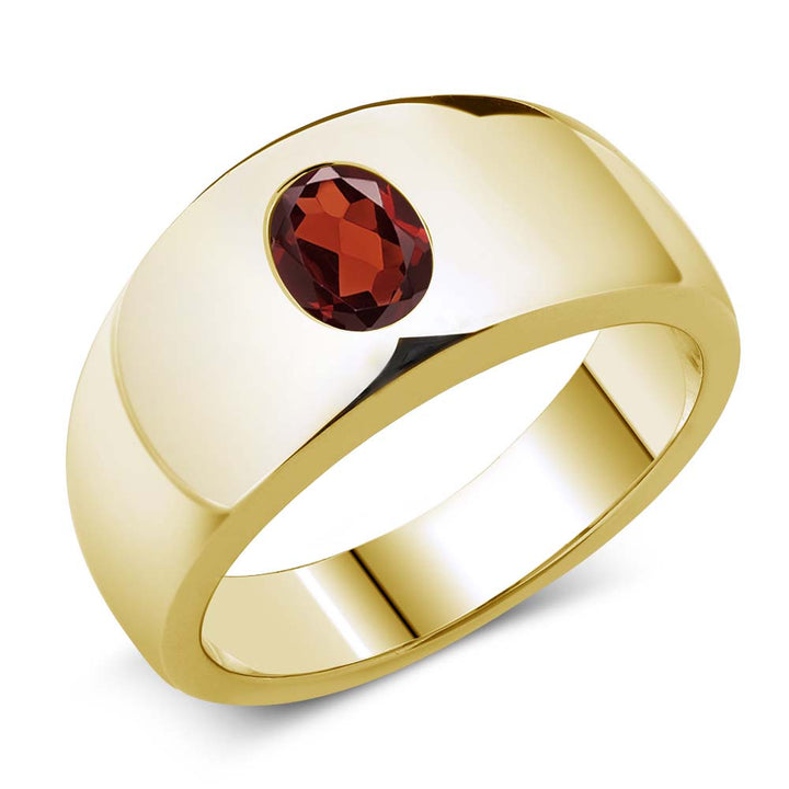 Men's 18K Yellow Gold Plated Silver Red Garnet Ring | 1.50 Cttw | Oval 8X6MM | Gemstone January Birthstone | Available in Size 7,8,9,10,11,12,13