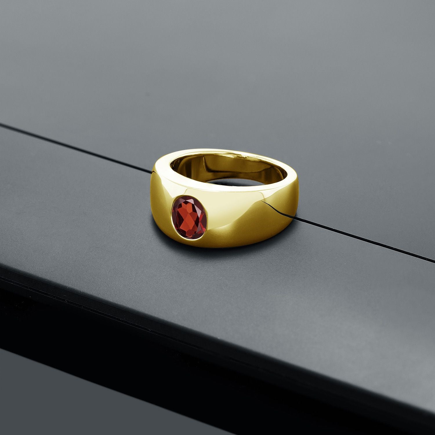 Men's 18K Yellow Gold Plated Silver Red Garnet Ring | 1.50 Cttw | Oval 8X6MM | Gemstone January Birthstone | Available in Size 7,8,9,10,11,12,13