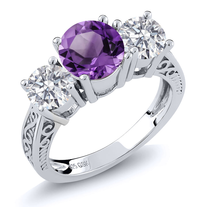 925 Sterling Silver Purple Amethyst and E - F Lab Grown Diamond Engagement Ring For Women | 2.20 Cttw | Round 7MM | Gemstone February Birthstone | Available in Size 5,6,7,8,9