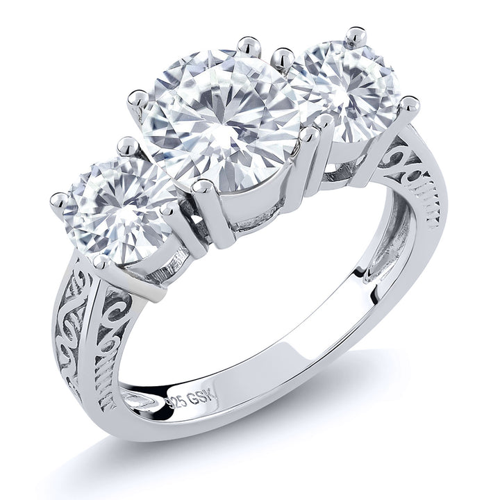 3-Stone Ring for Women | Gemstone Birthstone and White Moissanite | 925 Sterling Silver | Round 7MM and 5MM | Wedding Engagement Anniversary Promise Ring with Filigree Band | Size 5-9