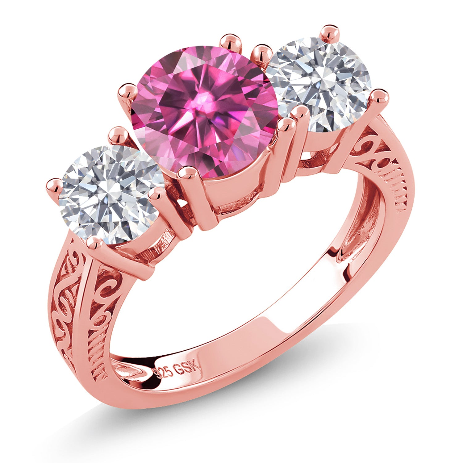 18K Rose Gold Plated Silver 3-Stone Ring Round Pink Moissanite and Lab Grown Diamond White (2.20 Cttw)