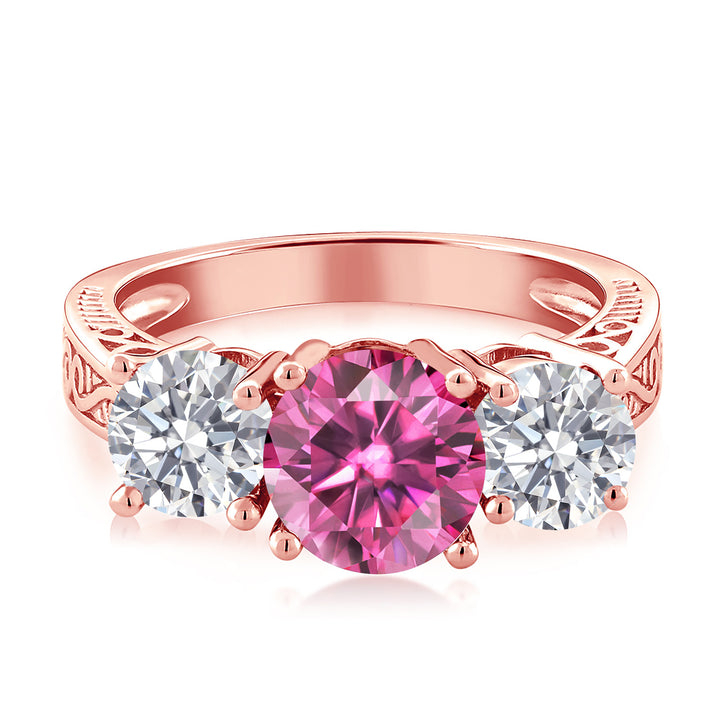 18K Rose Gold Plated Silver 3-Stone Ring Round Pink Moissanite and Lab Grown Diamond White (2.20 Cttw)