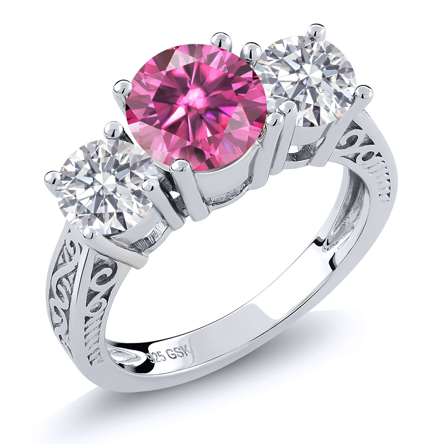 925 Sterling Silver 3-Stone Ring Round Pink Moissanite and Lab Grown Diamond White (2.20 Cttw)