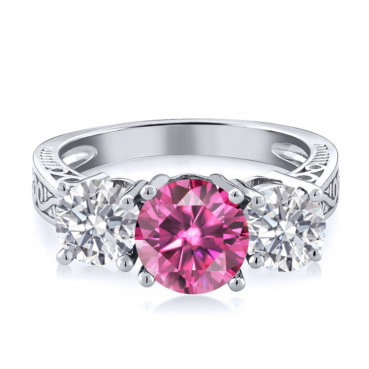 925 Sterling Silver 3-Stone Ring Round Pink Moissanite and Lab Grown Diamond White (2.20 Cttw)