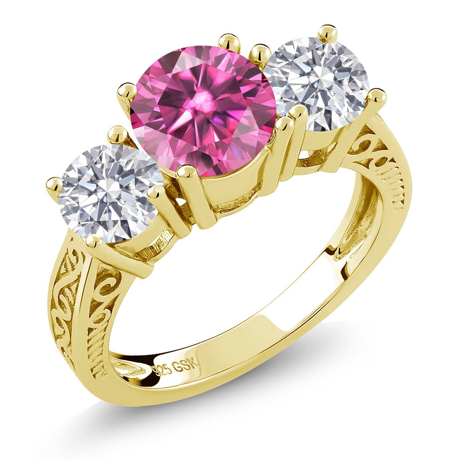 18K Yellow Gold Plated Silver 3-Stone Ring Round Pink Moissanite and Lab Grown Diamond White (2.20 Cttw)