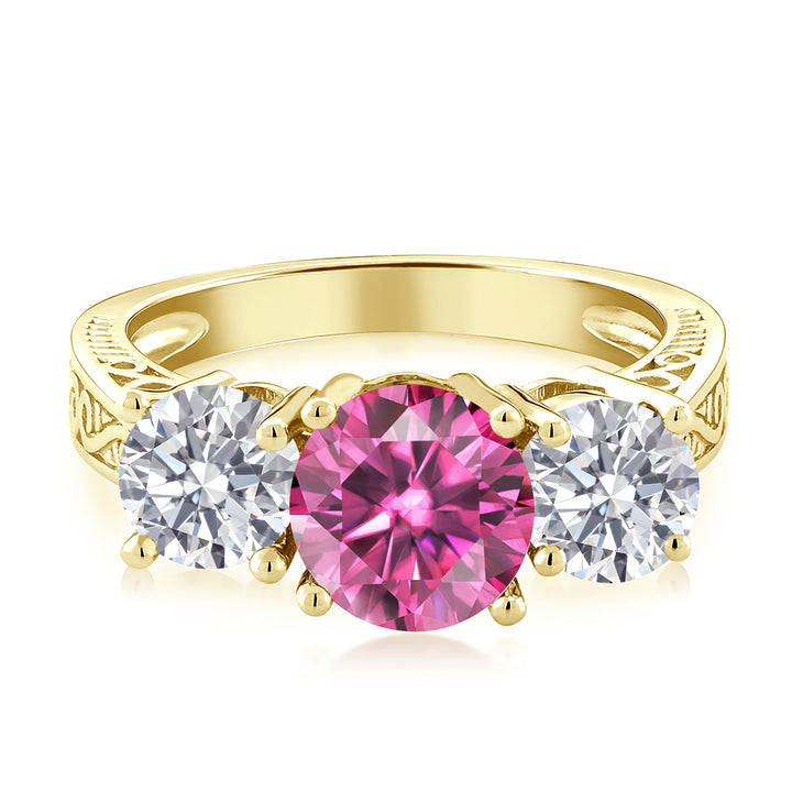 18K Yellow Gold Plated Silver 3-Stone Ring Round Pink Moissanite and Lab Grown Diamond White (2.20 Cttw)