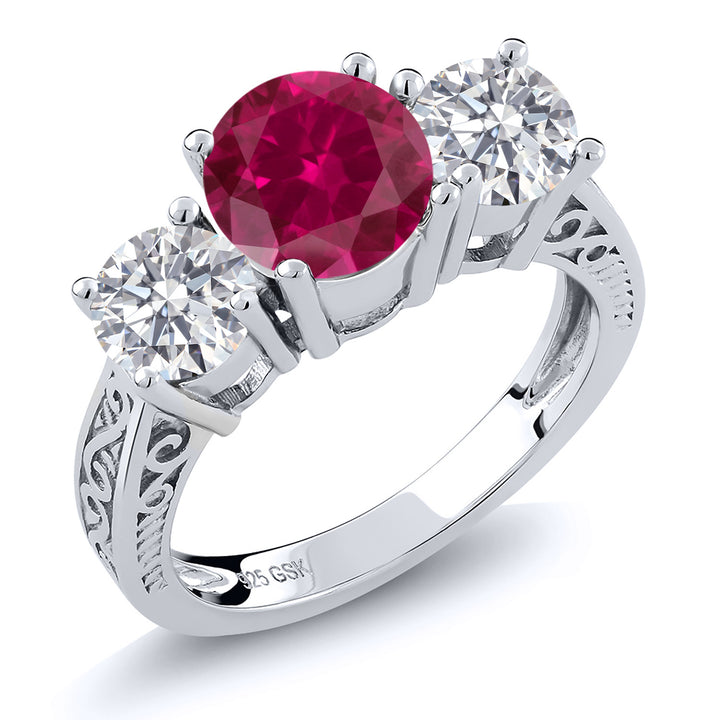 925 Sterling Silver Red Created Ruby and E - F Lab Grown Diamond Engagement Ring For Women | 2.55 Cttw | Round 7MM | Gemstone July Birthstone | Available in Size 5,6,7,8,9