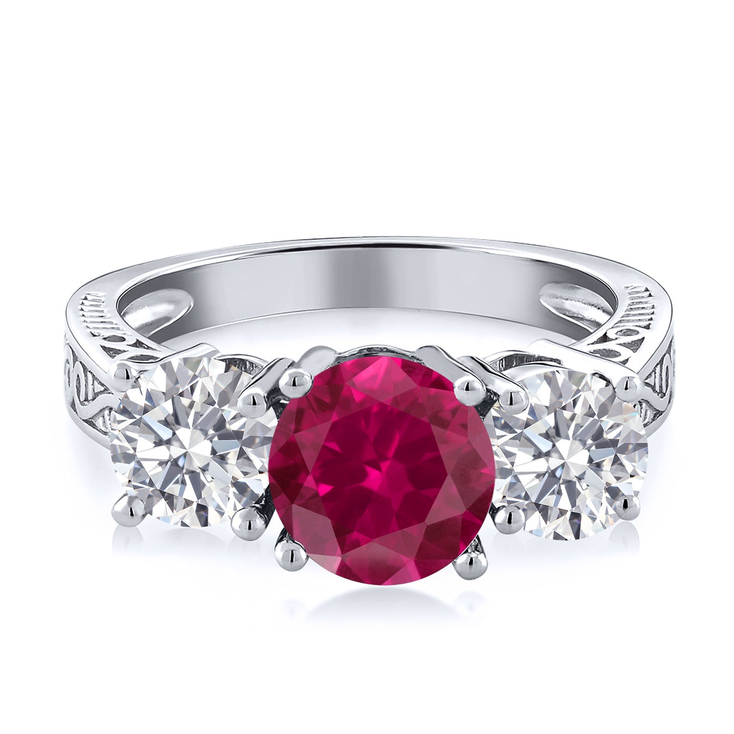 925 Sterling Silver Red Created Ruby and E - F Lab Grown Diamond Engagement Ring For Women | 2.55 Cttw | Round 7MM | Gemstone July Birthstone | Available in Size 5,6,7,8,9