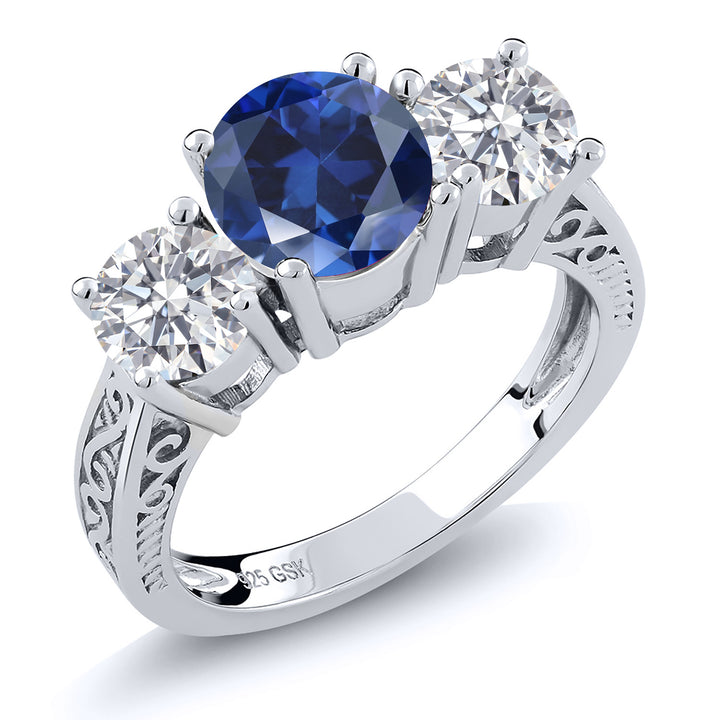 2.60 Ct Blue Created Sapphire White Lab Grown Diamond 925 Sterling Silver Ring