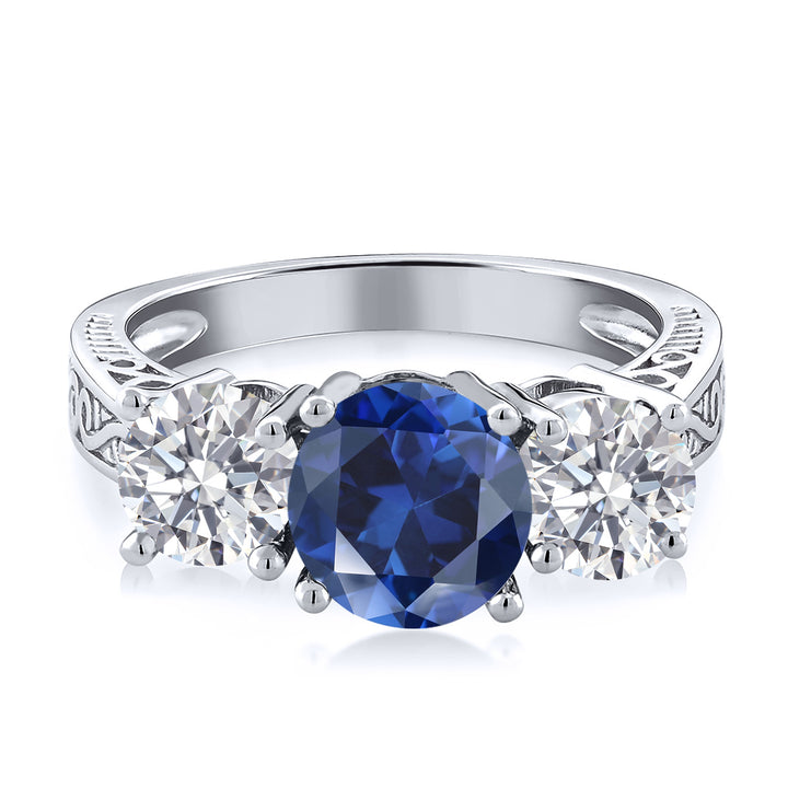 2.60 Ct Blue Created Sapphire White Lab Grown Diamond 925 Sterling Silver Ring