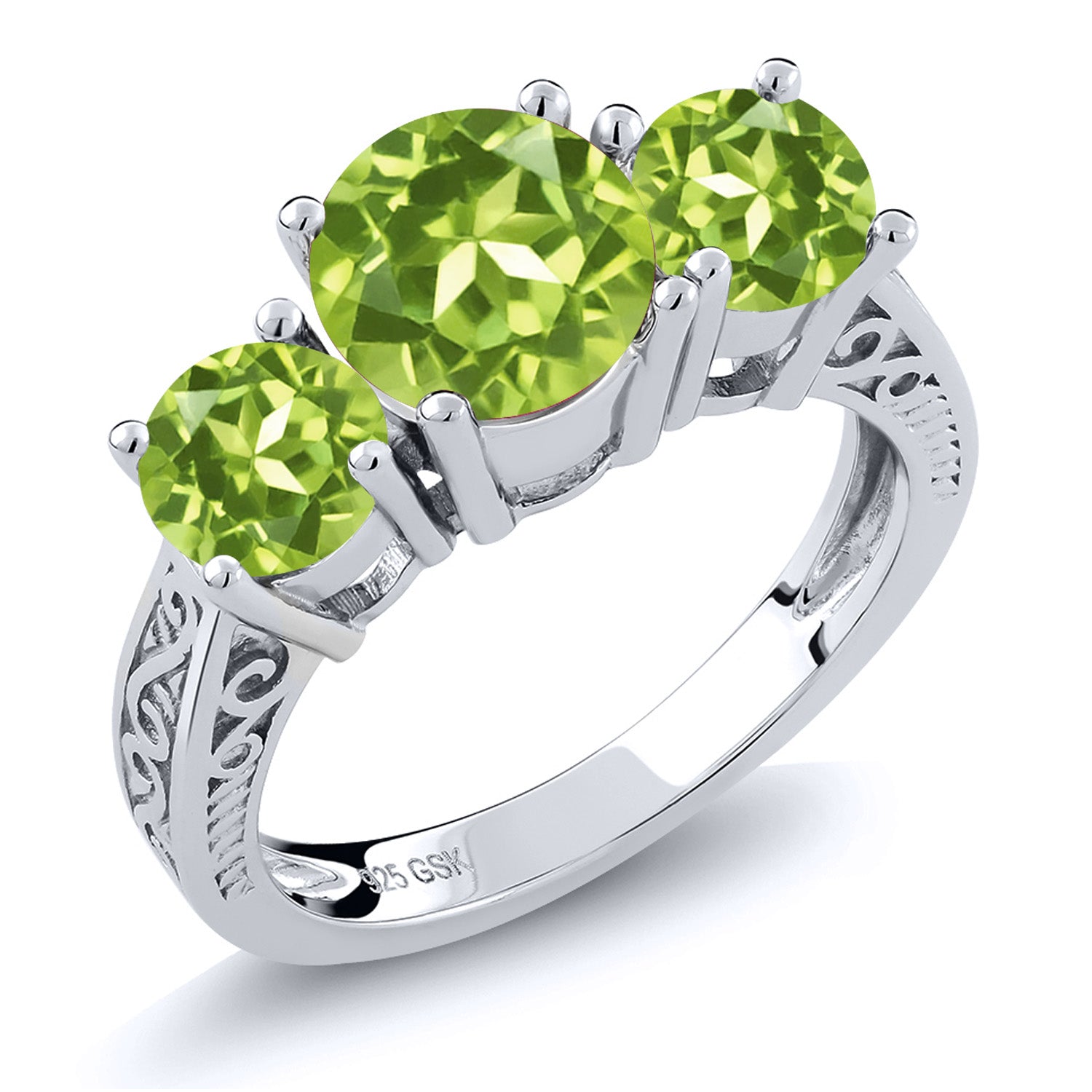 2.35 Cttw Round Green Peridot 3-Stone Ring In 925 Sterling Silver | Three Stone Wedding Engagement Anniversary Promise Ring For Women | Available In Size 5, 6, 7, 8, 9