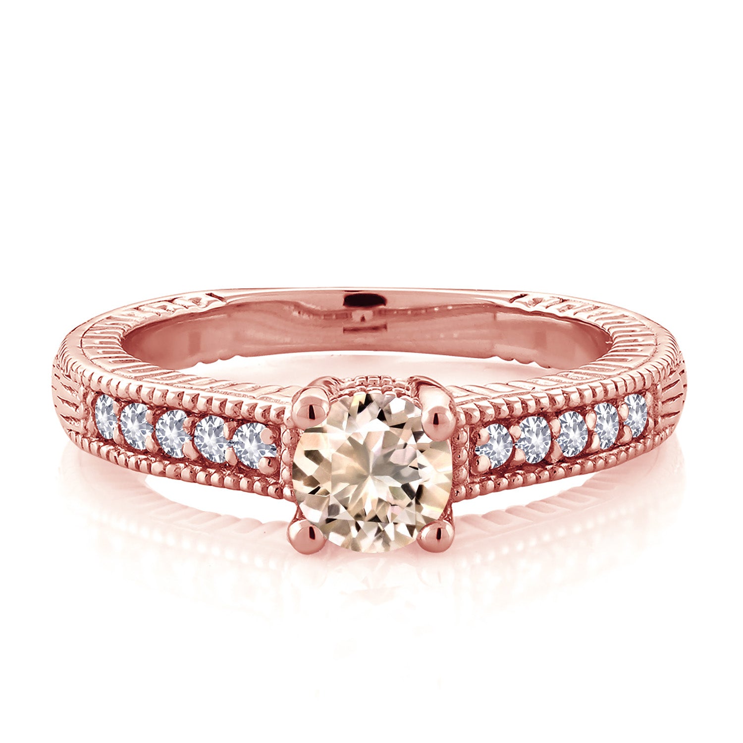 18K Rose Gold Plated Silver Morganite Peach and White Created Sapphire Women's Solitaire Ring with Accent Stones (0.55 Cttw, Round Shape 5MM, Available In Size 5, 6, 7, 8, 9)