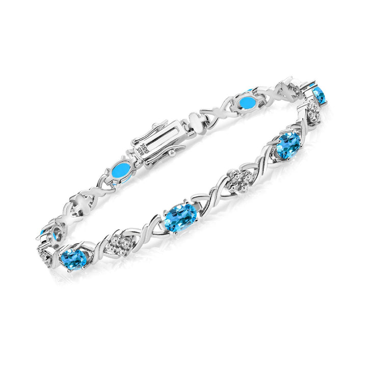 925 Sterling Silver Swiss Blue Topaz Tennis Bracelet For Women (4.40 Cttw, Gemstone November Birthstone, Oval 6X4MM, 7 Inch)