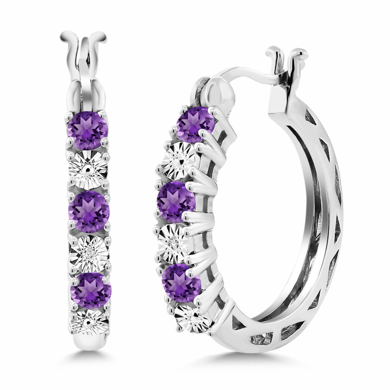 925 Sterling Silver Purple Amethyst and White Lab Grown Diamond Accent Women's Hoop Earrings (0.61 Cttw, Gemstone Birthstone, 22MM = 0.85 Inches Diameter)