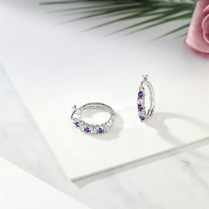 925 Sterling Silver Purple Amethyst and White Lab Grown Diamond Accent Women's Hoop Earrings (0.61 Cttw, Gemstone Birthstone, 22MM = 0.85 Inches Diameter)