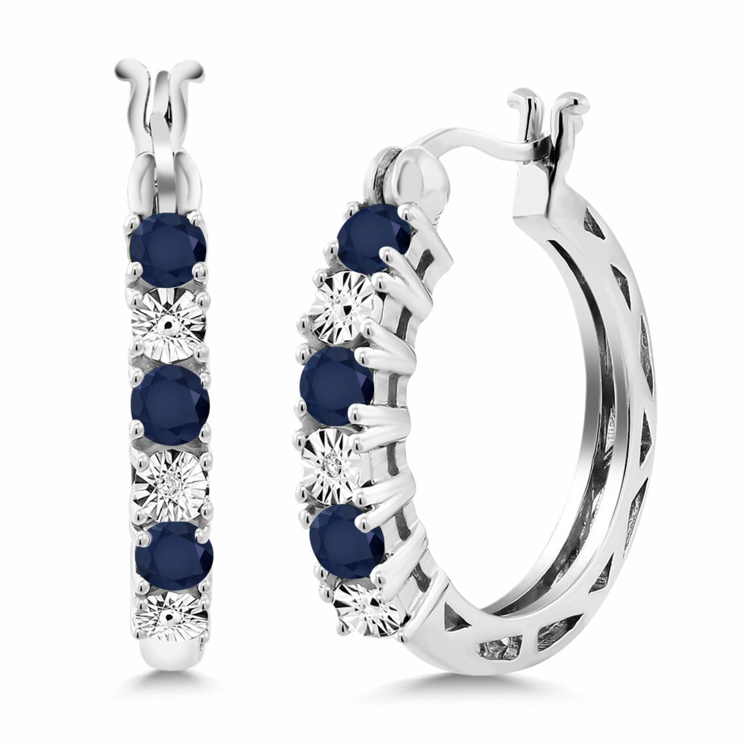 925 Sterling Silver Blue Sapphire and White Lab Grown Diamond Accent Hoop Earrings For Women (0.83 Cttw, 22MM = 0.85 Inches Diameter)