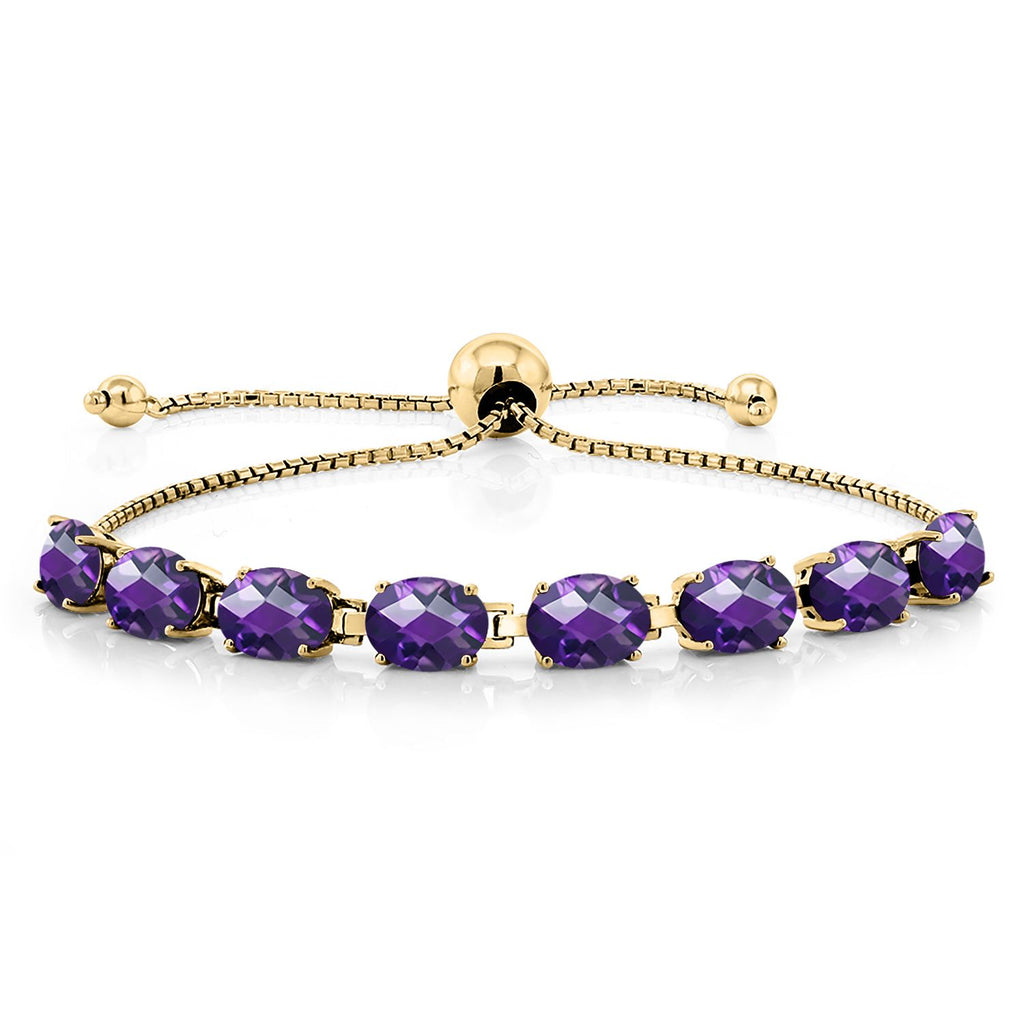 Gem Stone King 18K Yellow Gold Plated Silver 7X5MM Oval Gemstone Birthstone 8-Stone Tennis Bracelet For Women | Bollo Bracelet | Fully Adjustable Up to 9 Inch | Easy-On Easy-Off