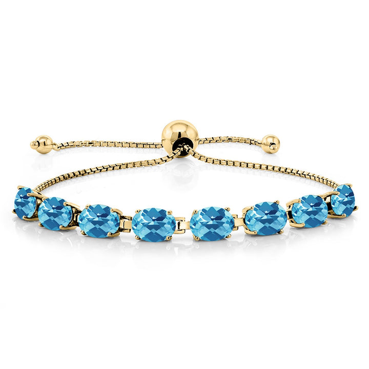 Gem Stone King 18K Yellow Gold Plated Silver 7X5MM Oval Gemstone Birthstone 8-Stone Tennis Bracelet For Women | Bollo Bracelet | Fully Adjustable Up to 9 Inch | Easy-On Easy-Off