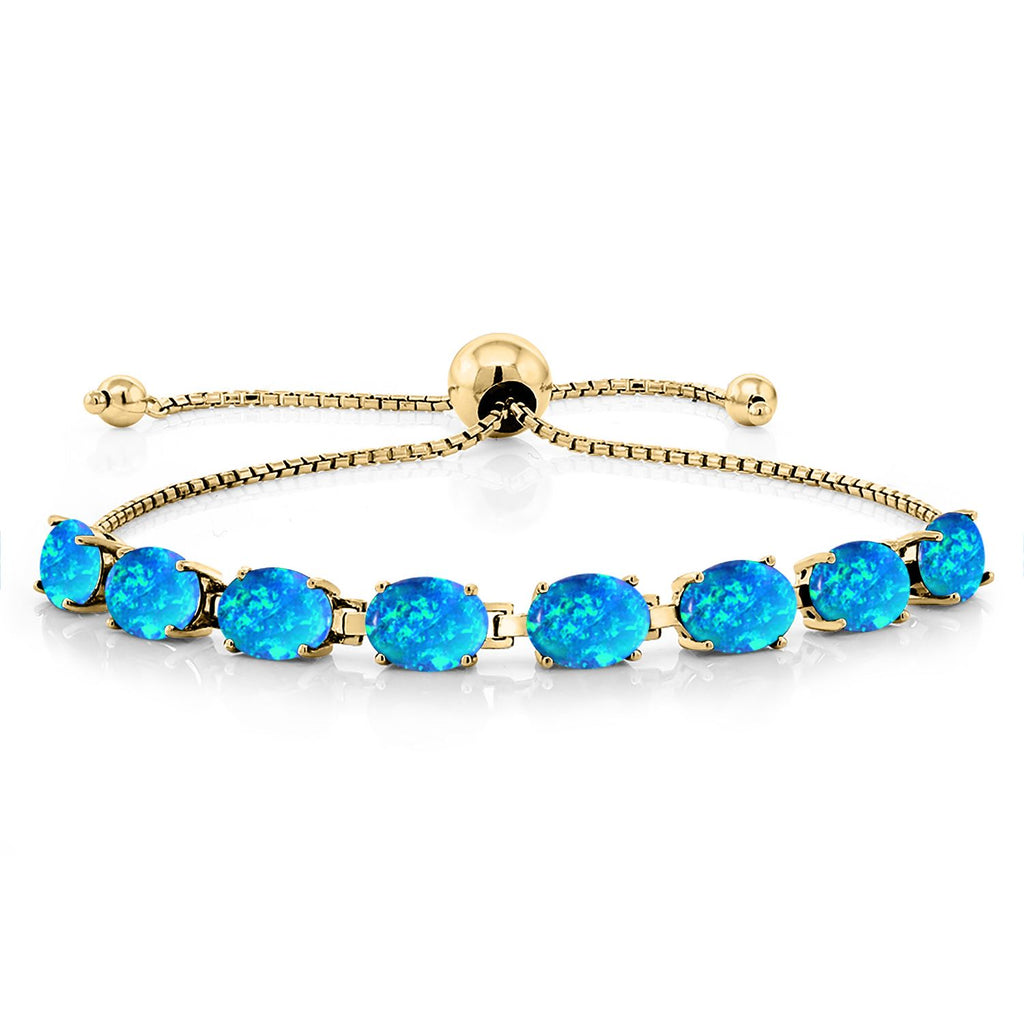 Gem Stone King 18K Yellow Gold Plated Silver 7X5MM Oval Gemstone Birthstone 8-Stone Tennis Bracelet For Women | Bollo Bracelet | Fully Adjustable Up to 9 Inch | Easy-On Easy-Off