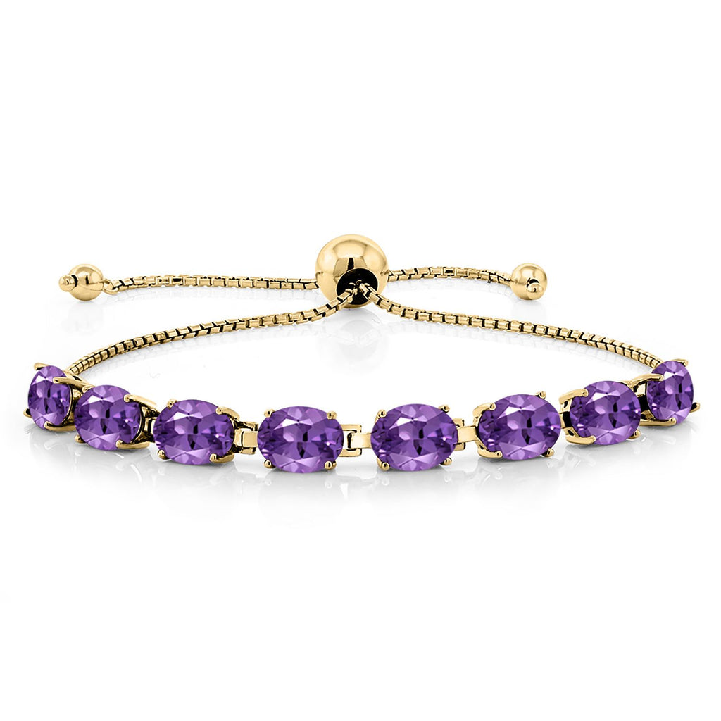 Gem Stone King 18K Yellow Gold Plated Silver 7X5MM Oval Gemstone Birthstone 8-Stone Tennis Bracelet For Women | Bollo Bracelet | Fully Adjustable Up to 9 Inch | Easy-On Easy-Off