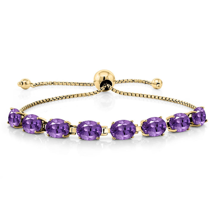 Gem Stone King 18K Yellow Gold Plated Silver 7X5MM Oval Gemstone Birthstone 8-Stone Tennis Bracelet For Women | Bollo Bracelet | Fully Adjustable Up to 9 Inch | Easy-On Easy-Off