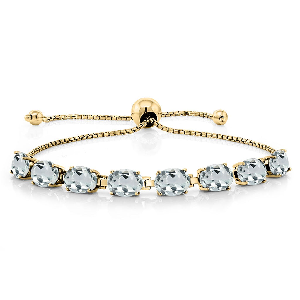 Gem Stone King 18K Yellow Gold Plated Silver 7X5MM Oval Gemstone Birthstone 8-Stone Tennis Bracelet For Women | Bollo Bracelet | Fully Adjustable Up to 9 Inch | Easy-On Easy-Off
