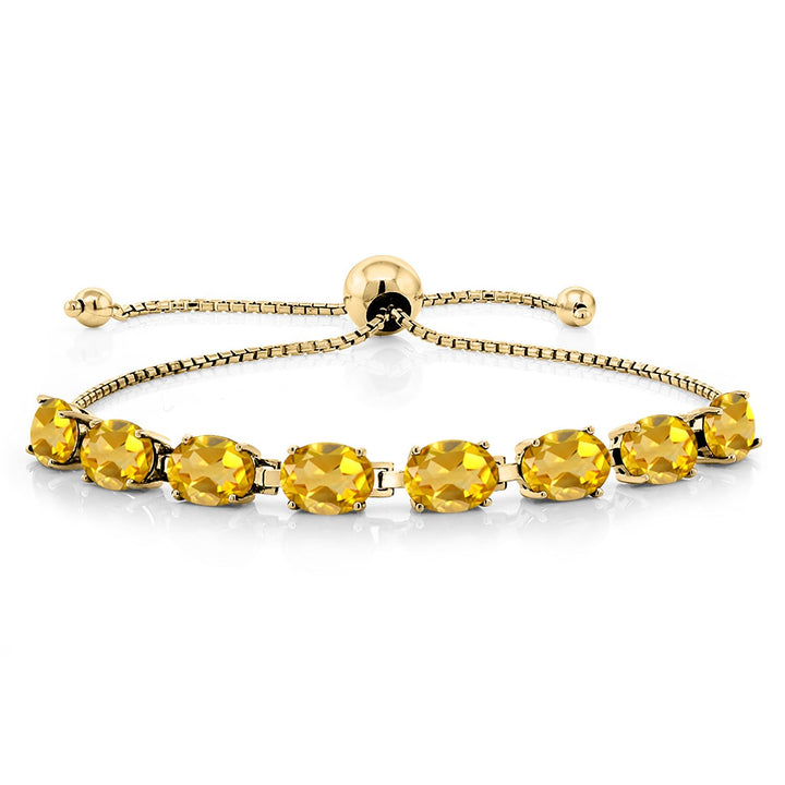 Gem Stone King 18K Yellow Gold Plated Silver 7X5MM Oval Gemstone Birthstone 8-Stone Tennis Bracelet For Women | Bollo Bracelet | Fully Adjustable Up to 9 Inch | Easy-On Easy-Off