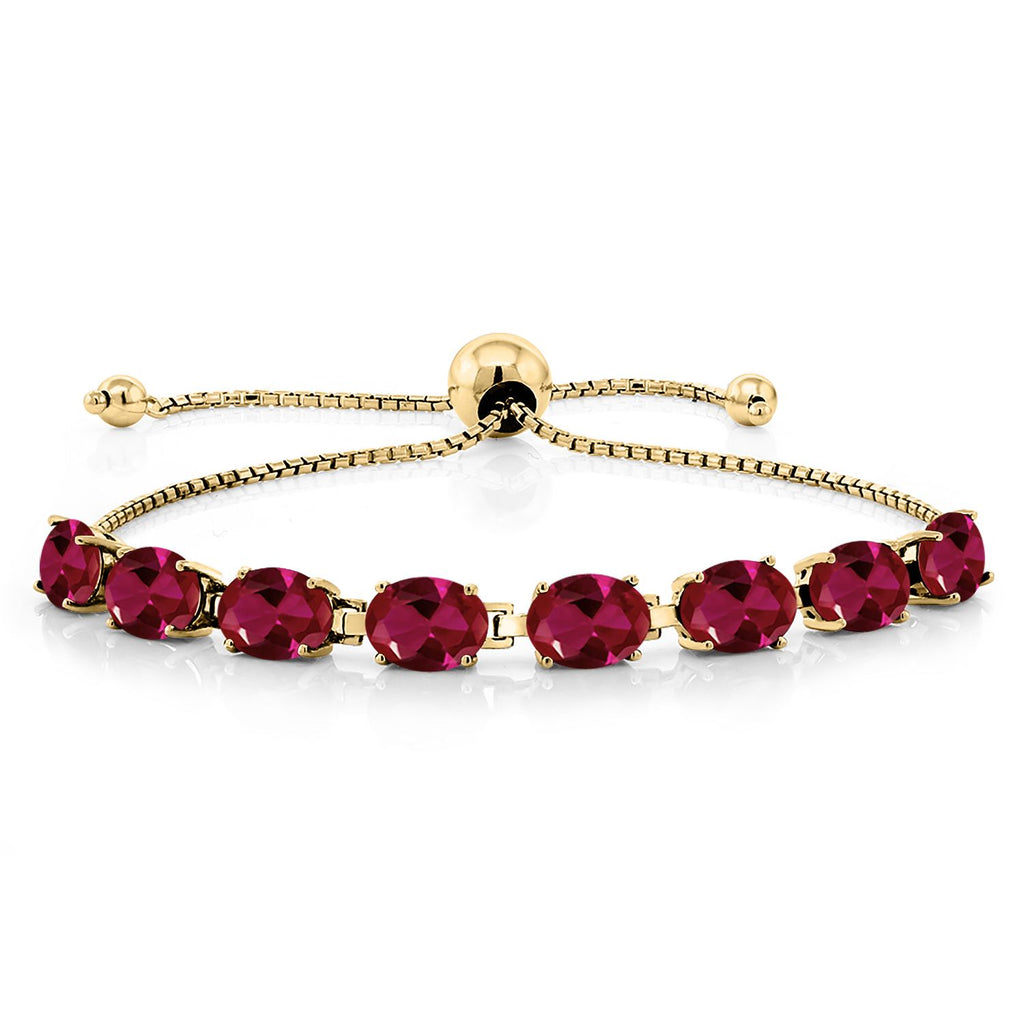 Gem Stone King 18K Yellow Gold Plated Silver 7X5MM Oval Gemstone Birthstone 8-Stone Tennis Bracelet For Women | Bollo Bracelet | Fully Adjustable Up to 9 Inch | Easy-On Easy-Off