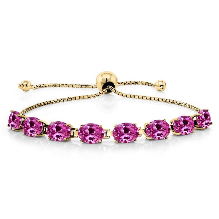 Gem Stone King 18K Yellow Gold Plated Silver 7X5MM Oval Gemstone Birthstone 8-Stone Tennis Bracelet For Women | Bollo Bracelet | Fully Adjustable Up to 9 Inch | Easy-On Easy-Off