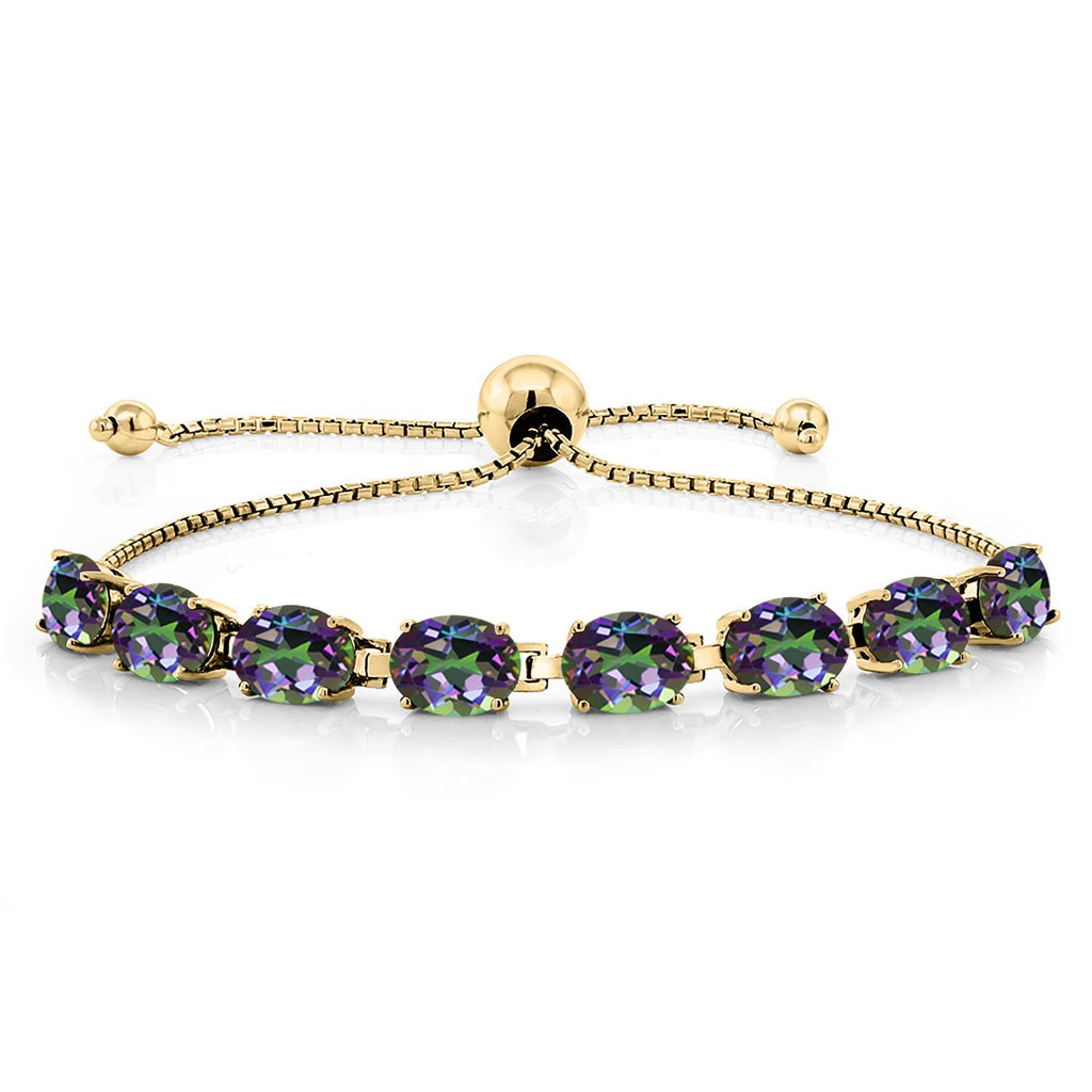 Gem Stone King 18K Yellow Gold Plated Silver 7X5MM Oval Gemstone Birthstone 8-Stone Tennis Bracelet For Women | Bollo Bracelet | Fully Adjustable Up to 9 Inch | Easy-On Easy-Off