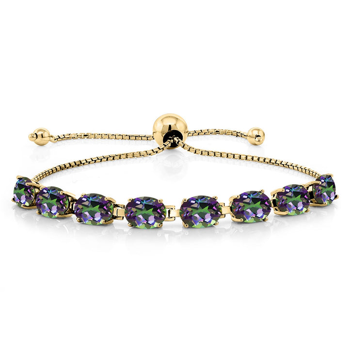 Gem Stone King 18K Yellow Gold Plated Silver 7X5MM Oval Gemstone Birthstone 8-Stone Tennis Bracelet For Women | Bollo Bracelet | Fully Adjustable Up to 9 Inch | Easy-On Easy-Off