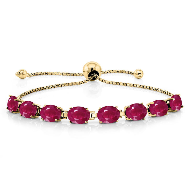 Gem Stone King 18K Yellow Gold Plated Silver 7X5MM Oval Gemstone Birthstone 8-Stone Tennis Bracelet For Women | Bollo Bracelet | Fully Adjustable Up to 9 Inch | Easy-On Easy-Off