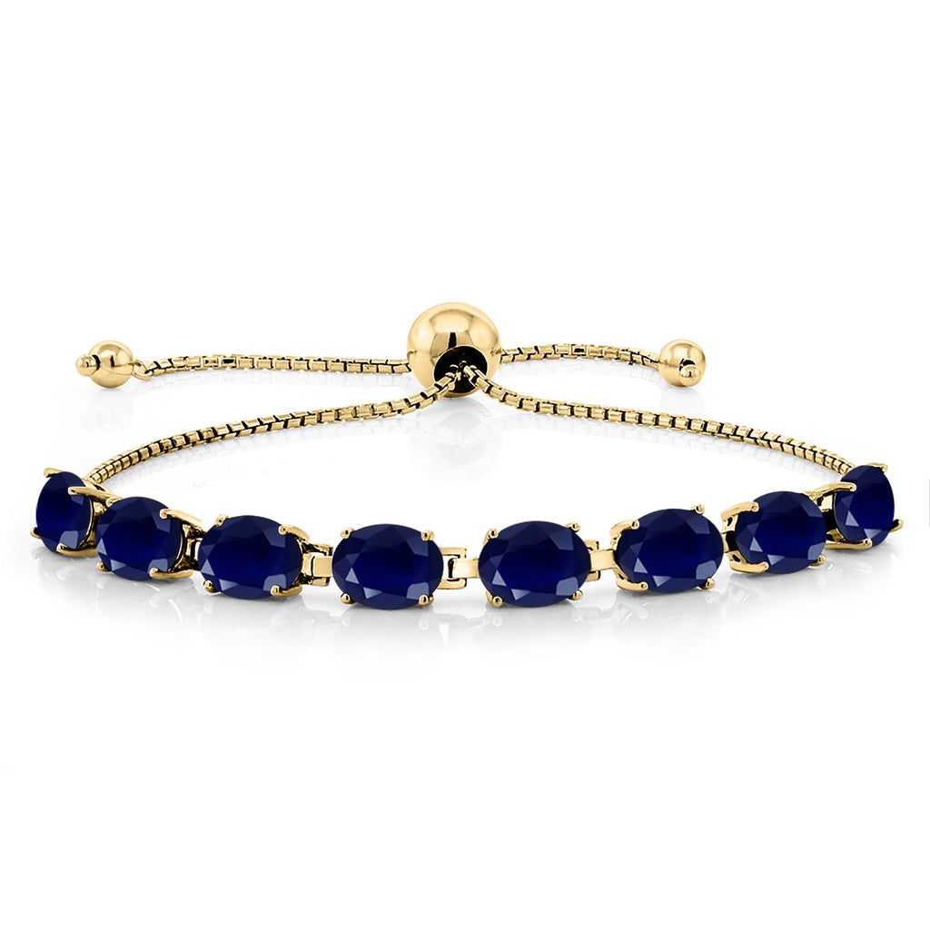 Gem Stone King 18K Yellow Gold Plated Silver 7X5MM Oval Gemstone Birthstone 8-Stone Tennis Bracelet For Women | Bollo Bracelet | Fully Adjustable Up to 9 Inch | Easy-On Easy-Off