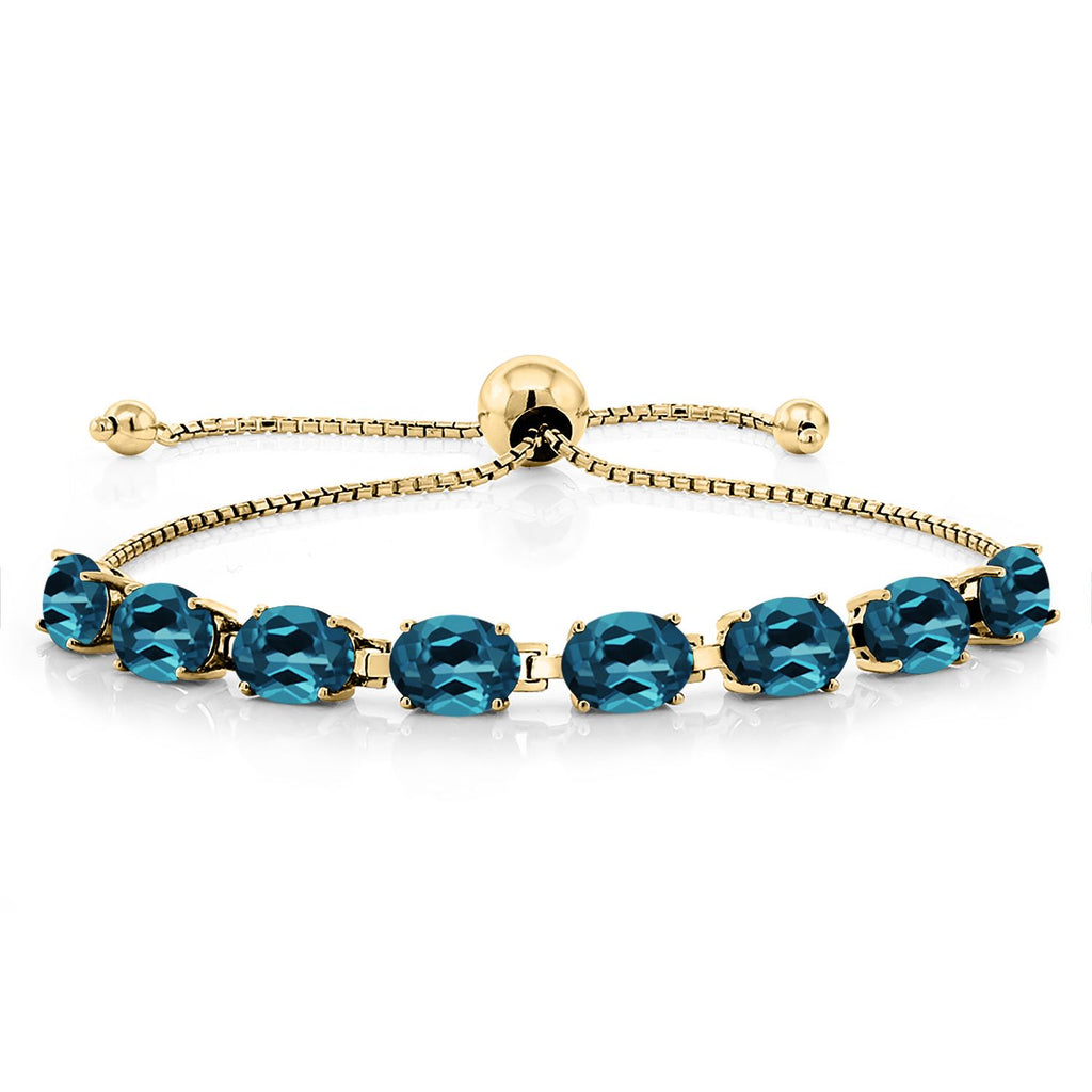 Gem Stone King 18K Yellow Gold Plated Silver 7X5MM Oval Gemstone Birthstone 8-Stone Tennis Bracelet For Women | Bollo Bracelet | Fully Adjustable Up to 9 Inch | Easy-On Easy-Off