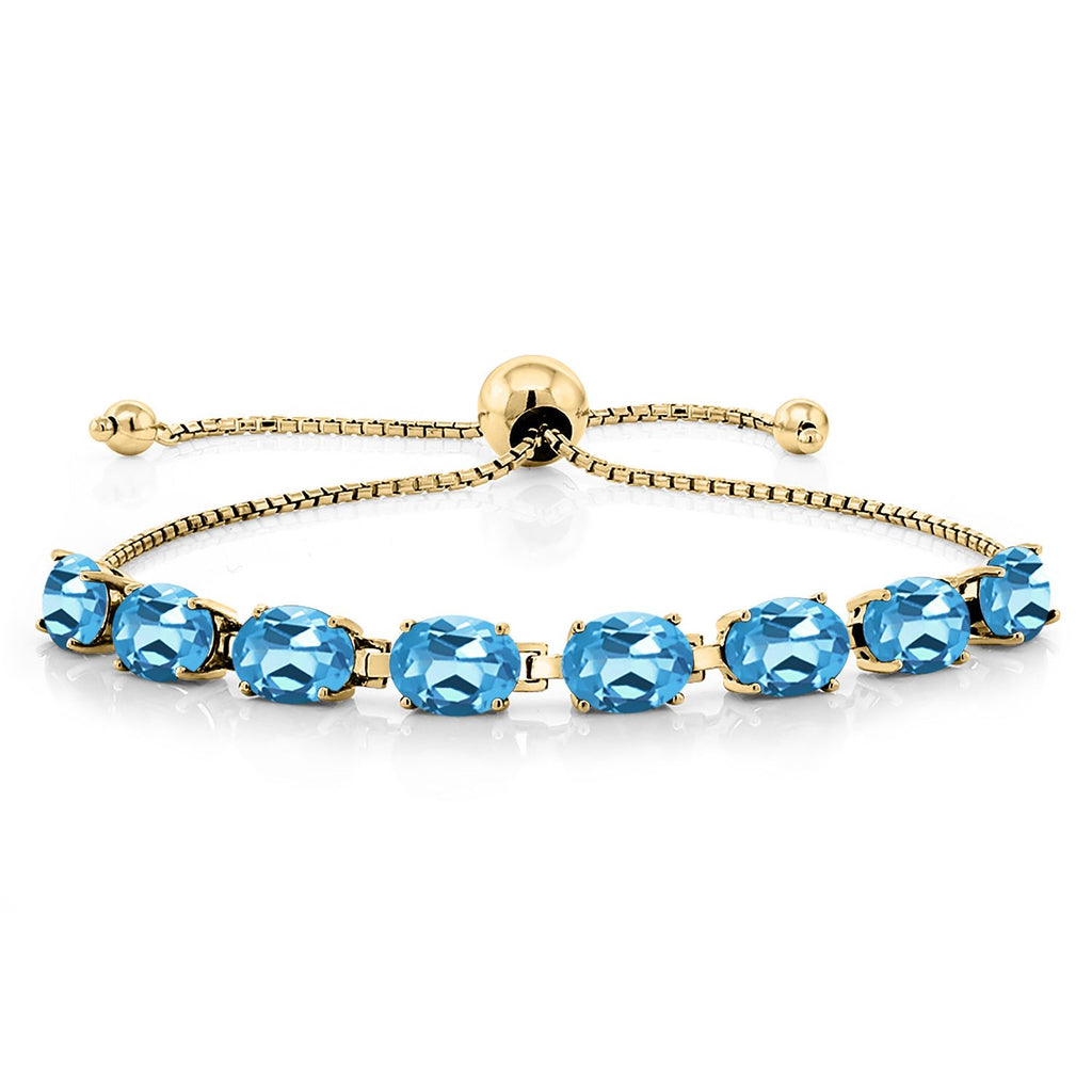 Gem Stone King 18K Yellow Gold Plated Silver 7X5MM Oval Gemstone Birthstone 8-Stone Tennis Bracelet For Women | Bollo Bracelet | Fully Adjustable Up to 9 Inch | Easy-On Easy-Off