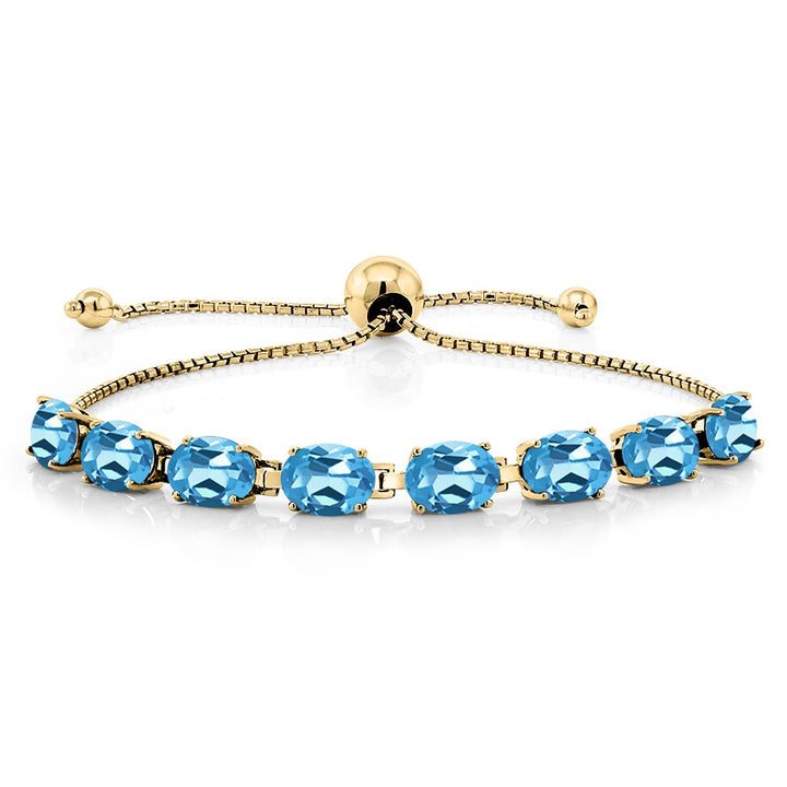 Gem Stone King 18K Yellow Gold Plated Silver 7X5MM Oval Gemstone Birthstone 8-Stone Tennis Bracelet For Women | Bollo Bracelet | Fully Adjustable Up to 9 Inch | Easy-On Easy-Off