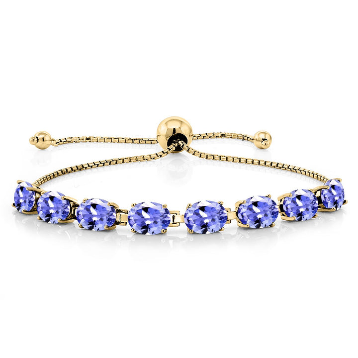 Gem Stone King 18K Yellow Gold Plated Silver 7X5MM Oval Gemstone Birthstone 8-Stone Tennis Bracelet For Women | Bollo Bracelet | Fully Adjustable Up to 9 Inch | Easy-On Easy-Off