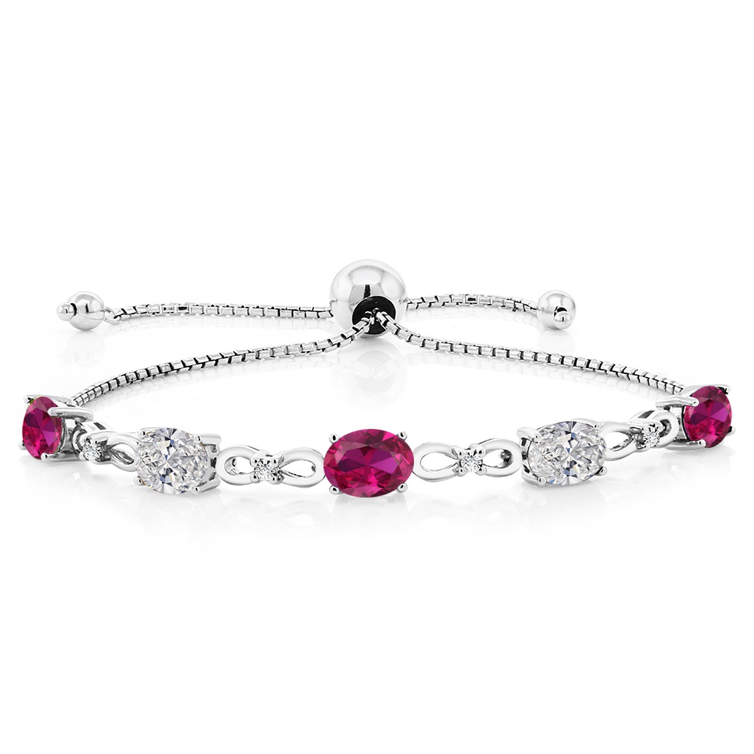 925 Sterling Silver Red Created Ruby and Lab Grown Diamond Bracelet For Women | 3.99 Cttw | Gemstone July Birthstone | Oval 7X5MM | Fully Adjustable 9 Inch