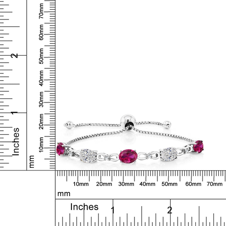 925 Sterling Silver Red Created Ruby and Lab Grown Diamond Bracelet For Women | 3.99 Cttw | Gemstone July Birthstone | Oval 7X5MM | Fully Adjustable 9 Inch