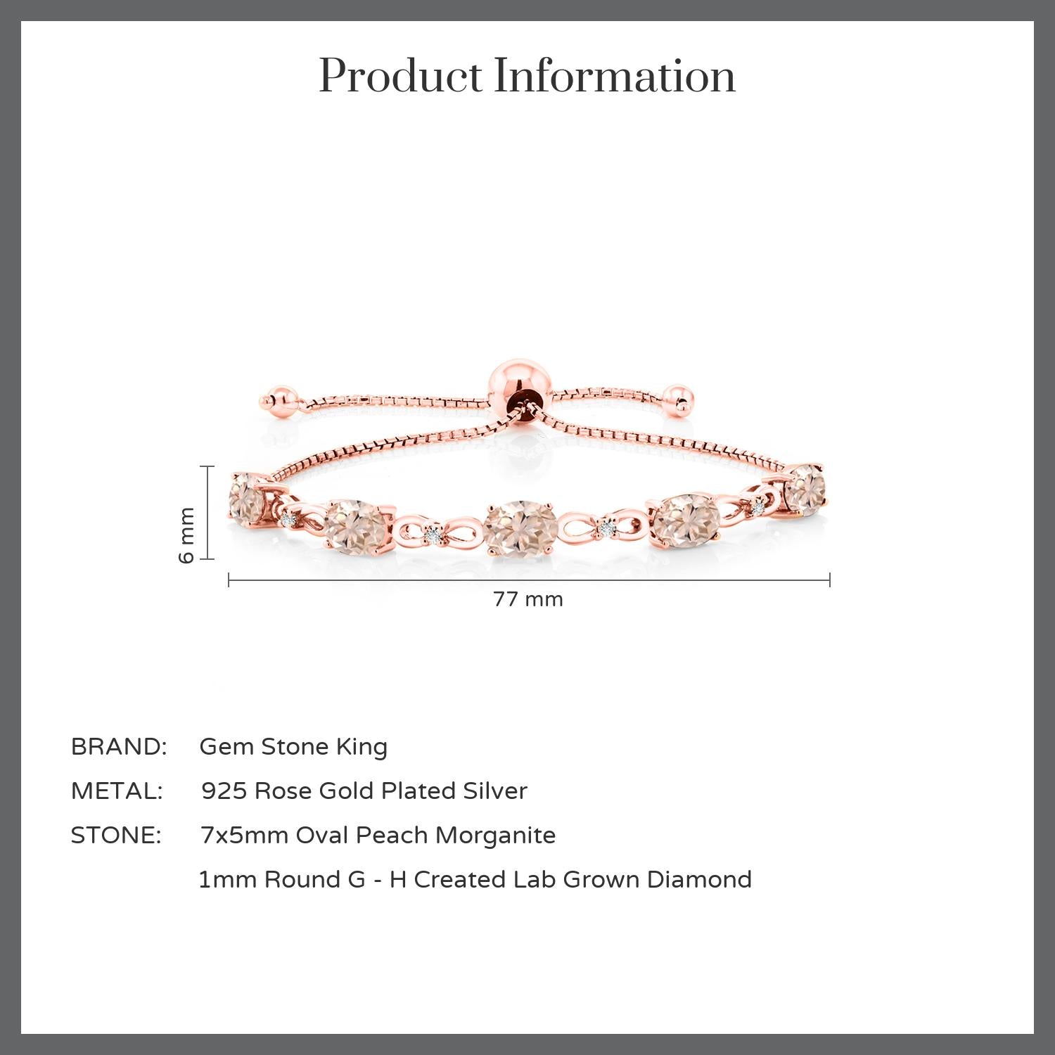 18K Rose Gold Plated Silver Peach Morganite and White Lab Grown Diamond Tennis Bracelet For Women (3.27 Cttw, Gemstone October Birthstone, Oval 7x5MM, Fully Adjustable Up to 9 Inch)