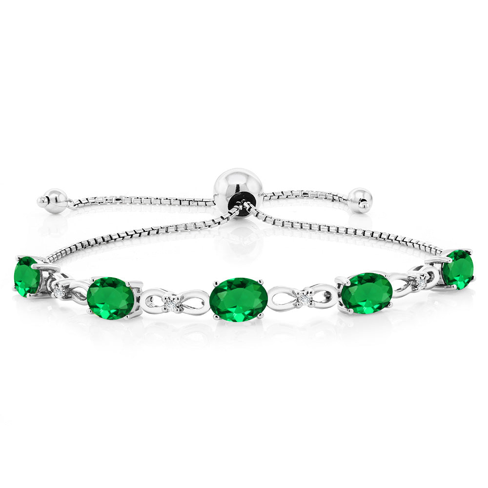 925 Sterling Silver Green Nano Emerald and White Lab Grown Diamond Tennis Bracelet For Women (3.02 Cttw, Gemstone May Birthstone, Oval 7x5MM, Fully Adjustable Up to 9 Inch)